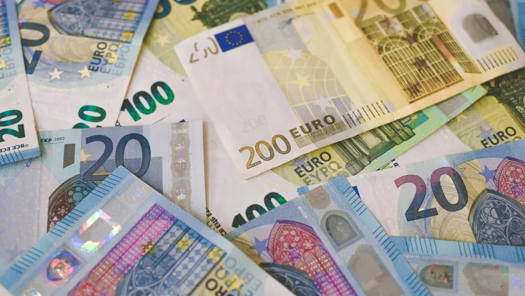 Fanned euro banknotes in several denominations, the 20 and 200 notes clearly visible.