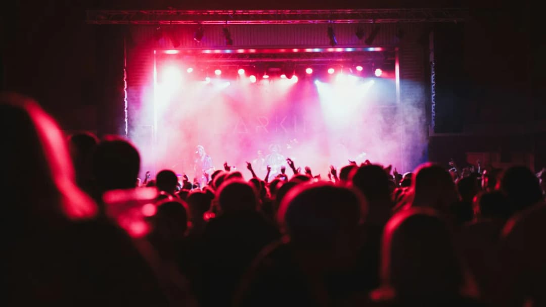 A concert crowd in silhouette below a stage lit in pink and red light.